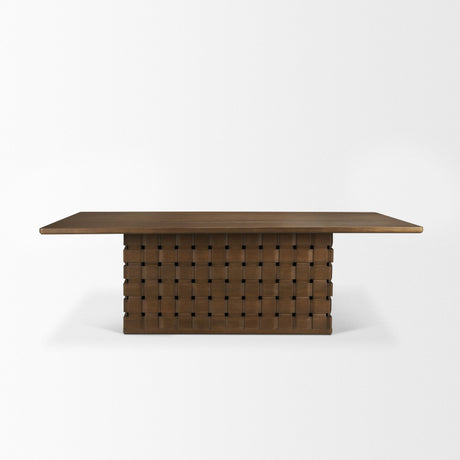 Trellyn Dark Brown Solid Wood Carved Woven Base Rectangular Dining Table by Mercana at Eve Furniture