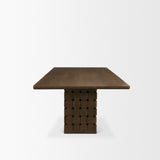 Trellyn Dark Brown Solid Wood Carved Woven Base Rectangular Dining Table by Mercana at Eve Furniture