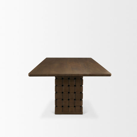 Trellyn Dark Brown Solid Wood Carved Woven Base Rectangular Dining Table by Mercana at Eve Furniture