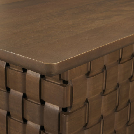 Trellyn Dark Brown Solid Wood Carved Woven Base Rectangular Dining Table by Mercana at Eve Furniture