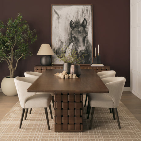 Trellyn Dark Brown Solid Wood Carved Woven Base Rectangular Dining Table by Mercana at Eve Furniture