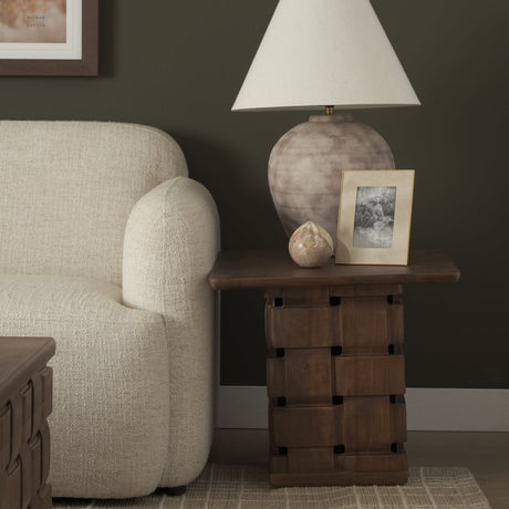 Trellyn Dark Brown Wood w/ Carved Woven Base Square Accent Table by Mercana at Eve Furniture