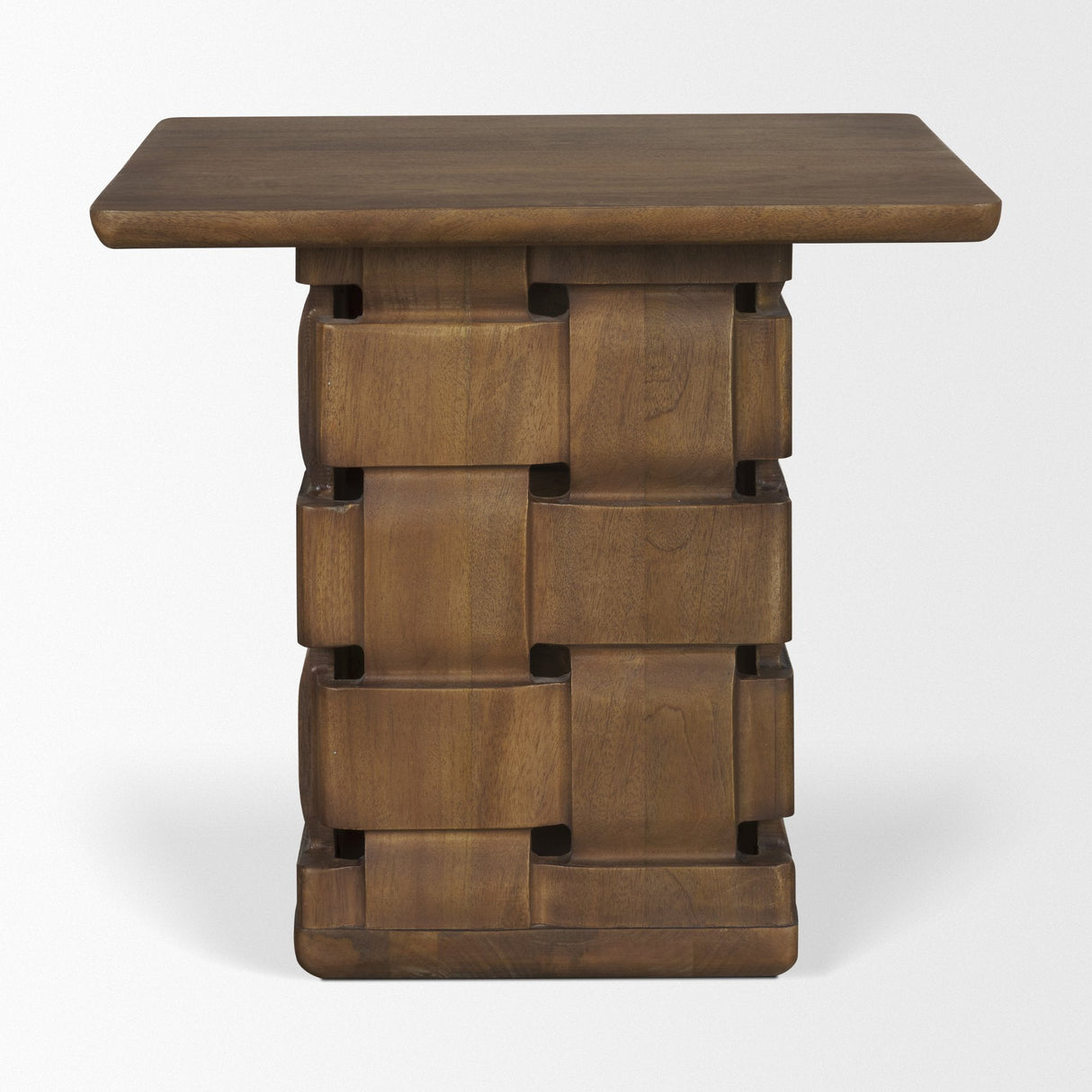 Trellyn Dark Brown Wood w/ Carved Woven Base Square Accent Table by Mercana at Eve Furniture