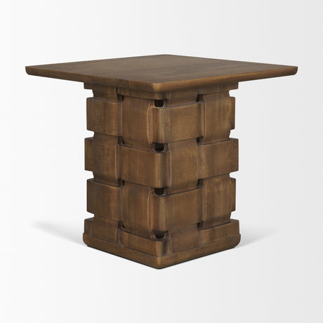 Trellyn Dark Brown Wood w/ Carved Woven Base Square Accent Table by Mercana at Eve Furniture