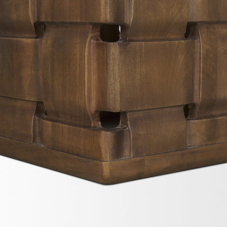 Trellyn Dark Brown Wood w/ Carved Woven Base Square Accent Table by Mercana at Eve Furniture