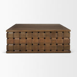 Trellyn Dark Brown Wood w/ Carved Woven Base Square Coffee Table by Mercana at Eve Furniture