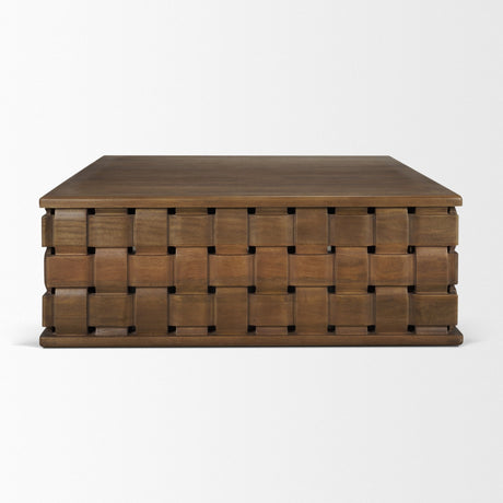 Trellyn Dark Brown Wood w/ Carved Woven Base Square Coffee Table by Mercana at Eve Furniture