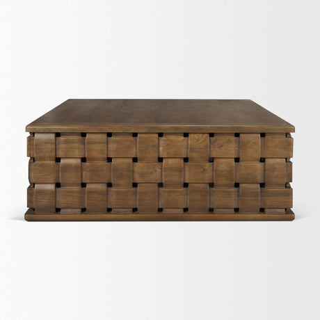 Trellyn Dark Brown Wood w/ Carved Woven Base Square Coffee Table by Mercana at Eve Furniture