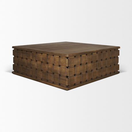 Trellyn Dark Brown Wood w/ Carved Woven Base Square Coffee Table by Mercana at Eve Furniture