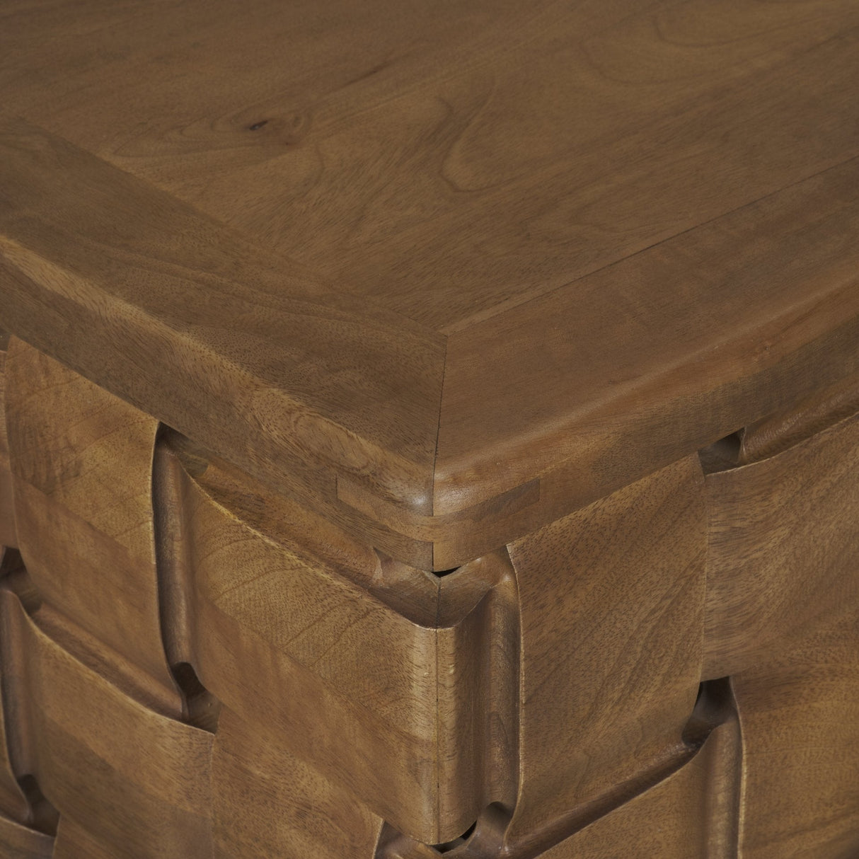 Trellyn Dark Brown Wood w/ Carved Woven Base Square Coffee Table by Mercana at Eve Furniture