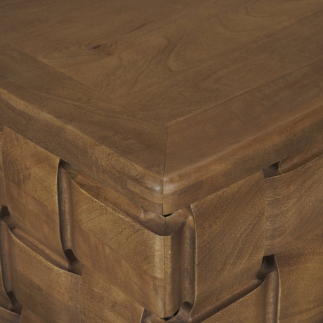 Trellyn Dark Brown Wood w/ Carved Woven Base Square Coffee Table by Mercana at Eve Furniture