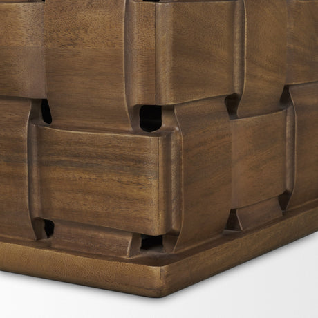Trellyn Dark Brown Wood w/ Carved Woven Base Square Coffee Table by Mercana at Eve Furniture