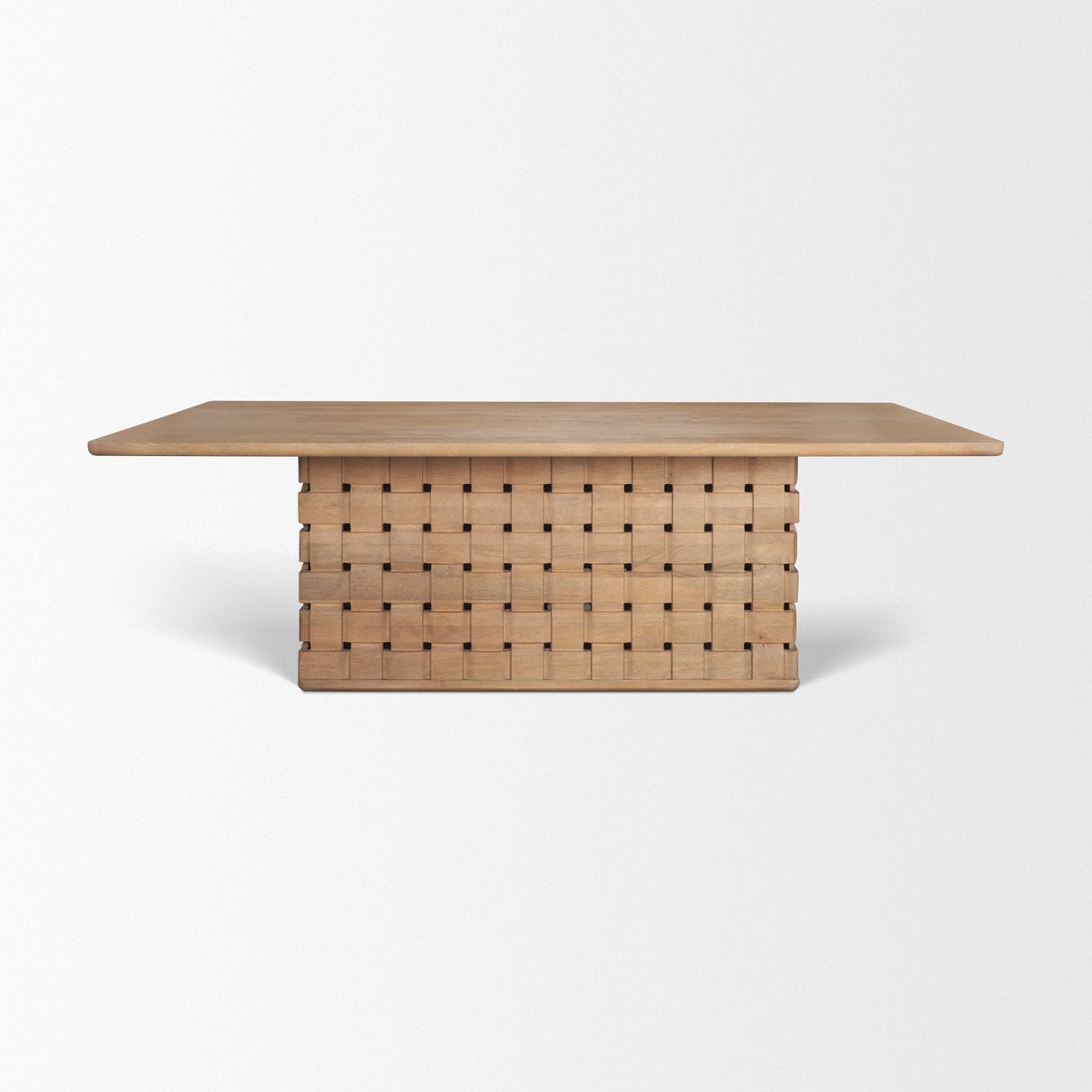 Trellyn Light Brown Solid Wood Carved Woven Base Rectangular Dining Table by Mercana at Eve Furniture