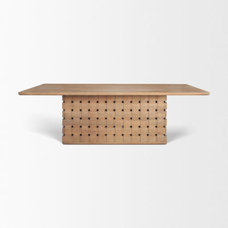 Trellyn Light Brown Solid Wood Carved Woven Base Rectangular Dining Table by Mercana at Eve Furniture
