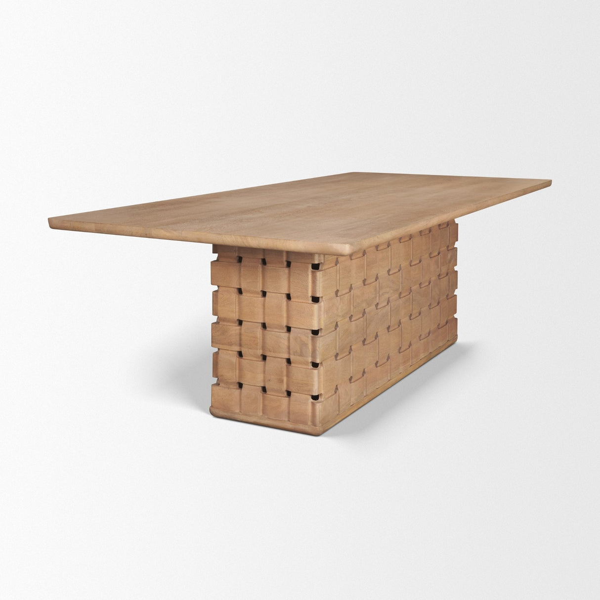 Trellyn Light Brown Solid Wood Carved Woven Base Rectangular Dining Table by Mercana at Eve Furniture