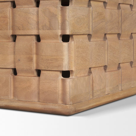 Trellyn Light Brown Solid Wood Carved Woven Base Rectangular Dining Table by Mercana at Eve Furniture