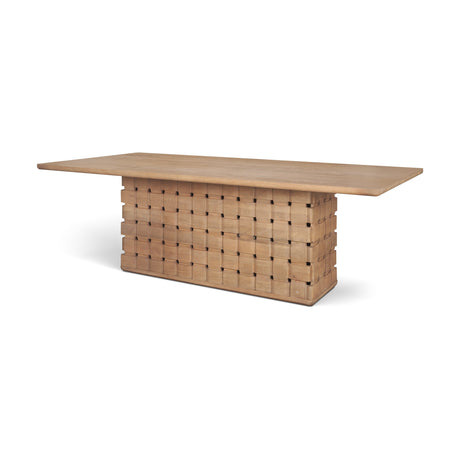Trellyn Light Brown Solid Wood Carved Woven Base Rectangular Dining Table by Mercana at Eve Furniture