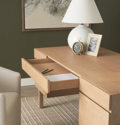 Trellyn Light Brown Solid Wood Carved Woven Desk by Mercana at Eve Furniture