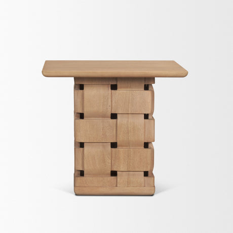 Trellyn Light Brown Wood w/ Carved Woven Base Square Accent Table by Mercana at Eve Furniture