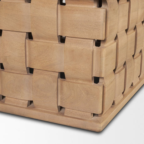 Trellyn Light Brown Wood w/ Carved Woven Base Square Coffee Table by Mercana at Eve Furniture