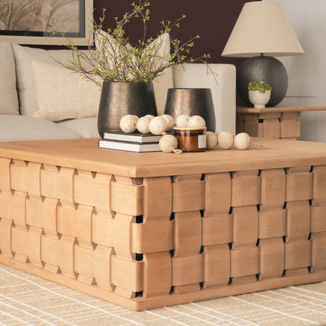 Trellyn Light Brown Wood w/ Carved Woven Base Square Coffee Table by Mercana at Eve Furniture