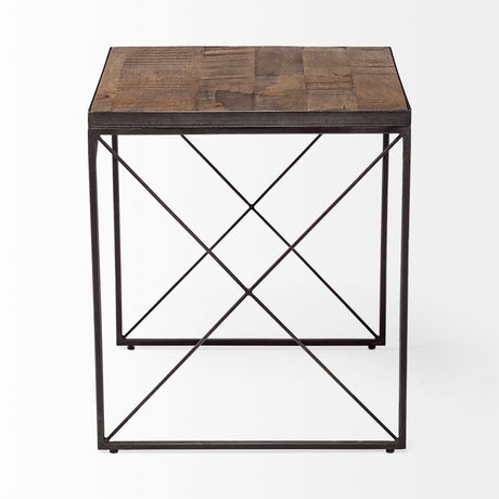 Trestman II Square Top Medium Brown Wood and Iron Cross Braced End/Side Table by Mercana at Eve Furniture