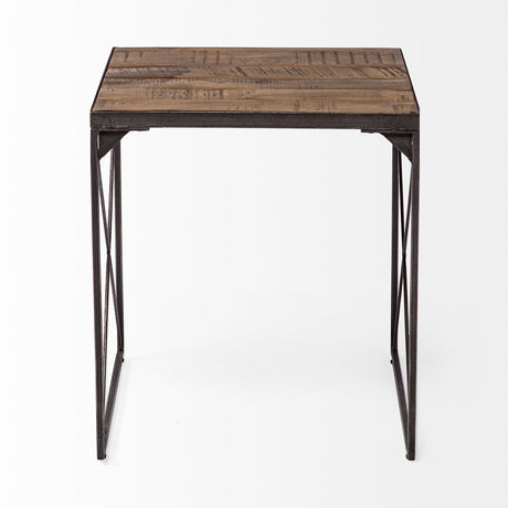 Trestman II Square Top Medium Brown Wood and Iron Cross Braced End/Side Table by Mercana at Eve Furniture