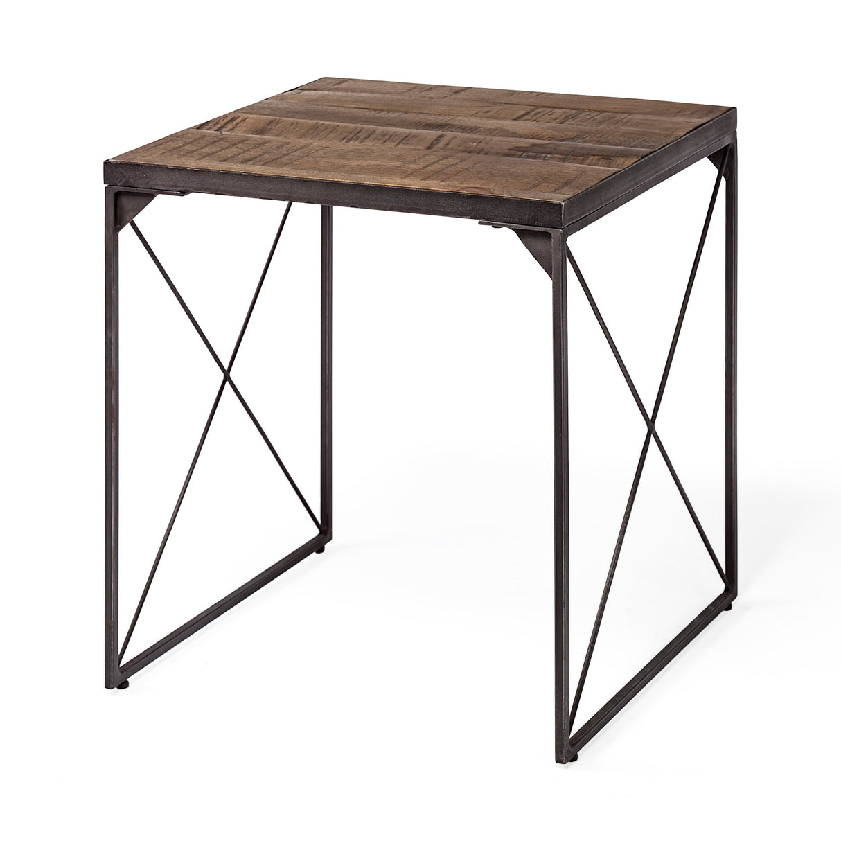 Trestman II Square Top Medium Brown Wood and Iron Cross Braced End/Side Table by Mercana at Eve Furniture