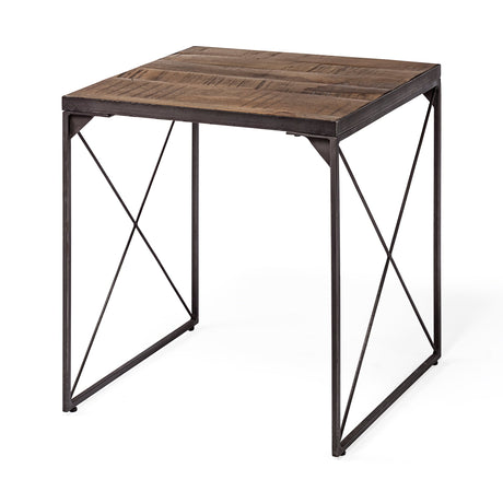 Trestman II Square Top Medium Brown Wood and Iron Cross Braced End/Side Table by Mercana at Eve Furniture