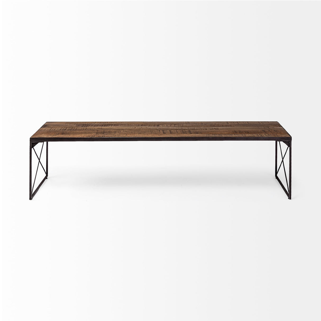Trestman III 66L x 18W Brown Wood Top W/Black Iron Base Accent Bench by Mercana at Eve Furniture