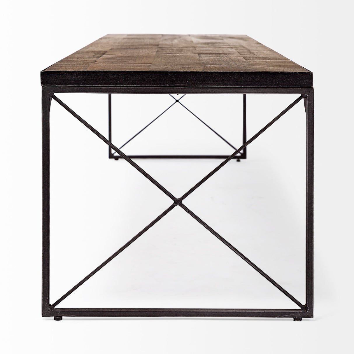 Trestman III 66L x 18W Brown Wood Top W/Black Iron Base Accent Bench by Mercana at Eve Furniture