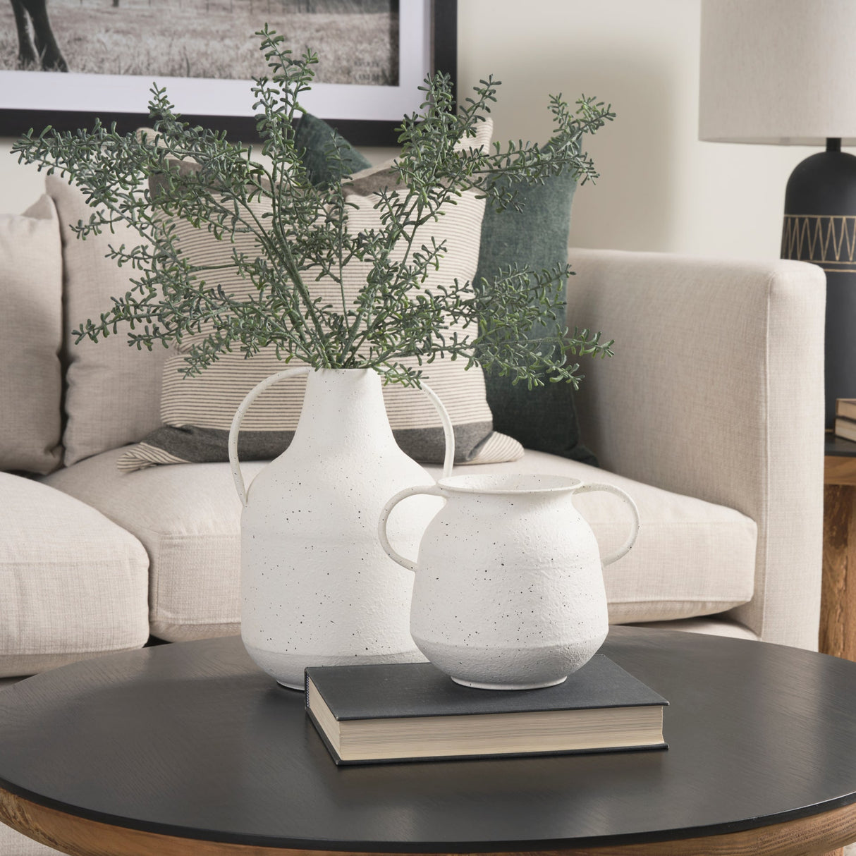 Treva Tall White w/ Black Speckles Metal Vase by Mercana at Eve Furniture