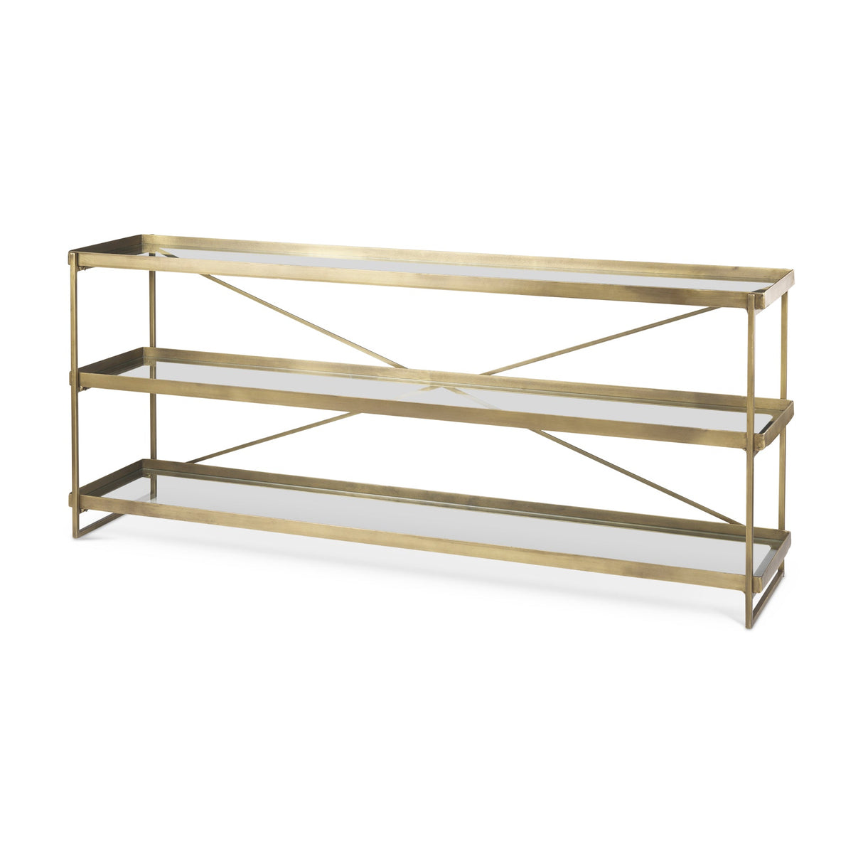 Trey 72.0L x 16.0W x 30.0H Gold Metal W/Glass Console Table by Mercana at Eve Furniture