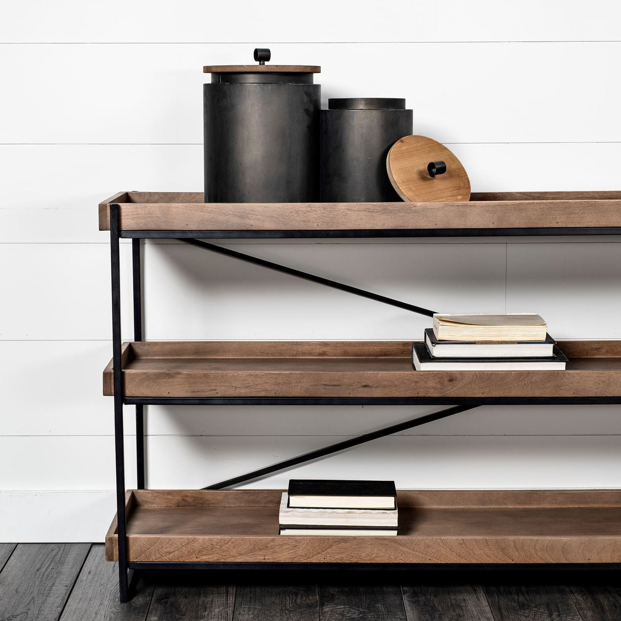 Trey I 80L x 16W Brown Wood and Black Iron Console Table by Mercana at Eve Furniture