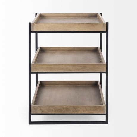 Trey III Square Medium Brown Wooden Three-Tiered Black Iron Frame End/Side Table by Mercana at Eve Furniture