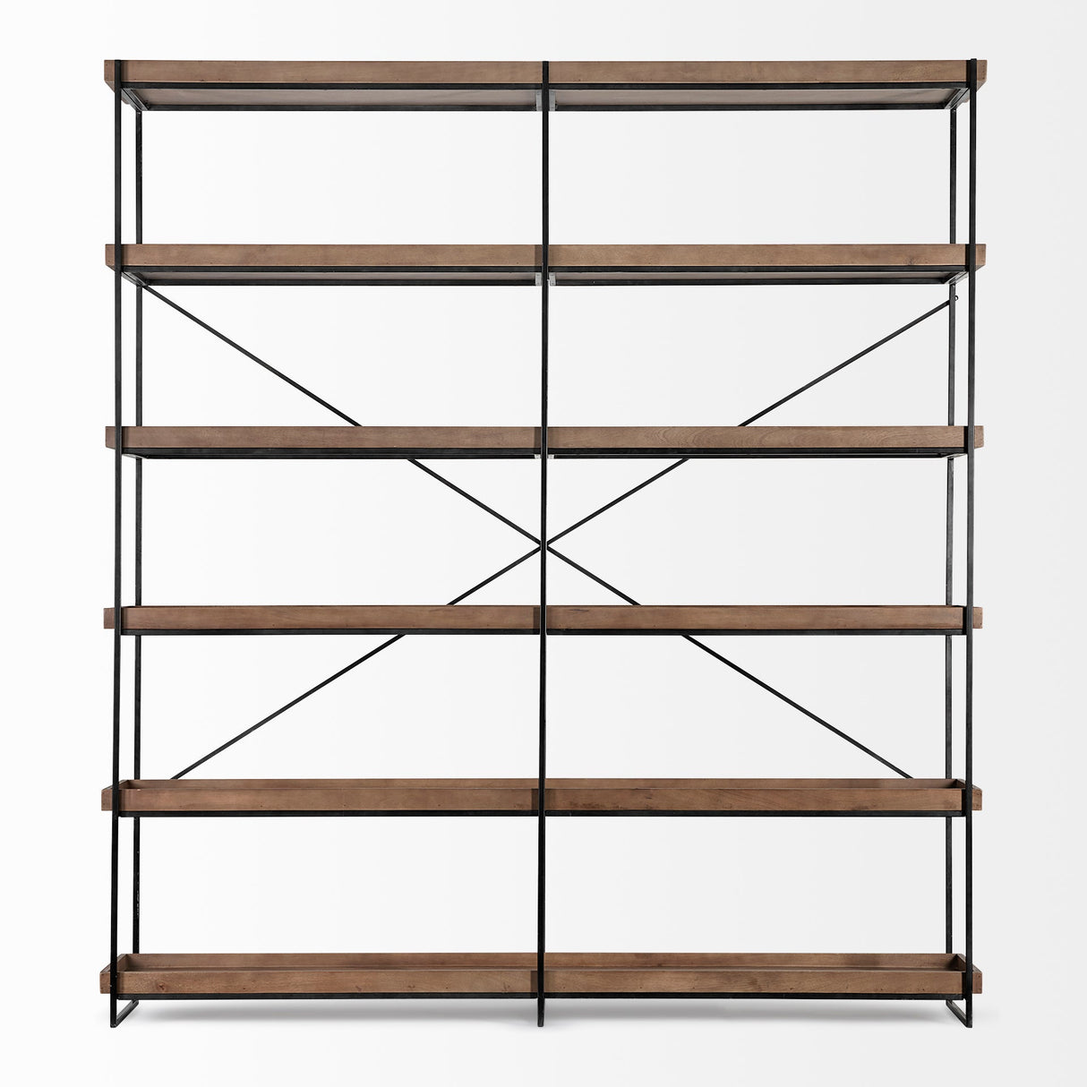 Trey IV Medium Brown Wood and Iron Five Tray Shelf Shelving Unit by Mercana at Eve Furniture