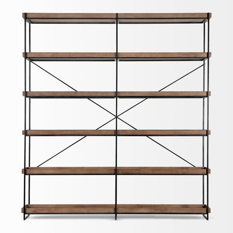 Trey IV Medium Brown Wood and Iron Five Tray Shelf Shelving Unit by Mercana at Eve Furniture