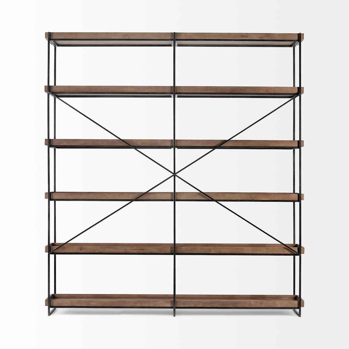 Trey IV Medium Brown Wood and Iron Five Tray Shelf Shelving Unit by Mercana at Eve Furniture