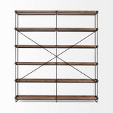 Trey IV Medium Brown Wood and Iron Five Tray Shelf Shelving Unit by Mercana at Eve Furniture