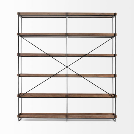 Trey IV Medium Brown Wood and Iron Five Tray Shelf Shelving Unit by Mercana at Eve Furniture