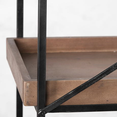 Trey IV Medium Brown Wood and Iron Five Tray Shelf Shelving Unit by Mercana at Eve Furniture
