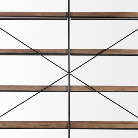 Trey IV Medium Brown Wood and Iron Five Tray Shelf Shelving Unit by Mercana at Eve Furniture