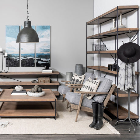 Trey IV Medium Brown Wood and Iron Five Tray Shelf Shelving Unit by Mercana at Eve Furniture