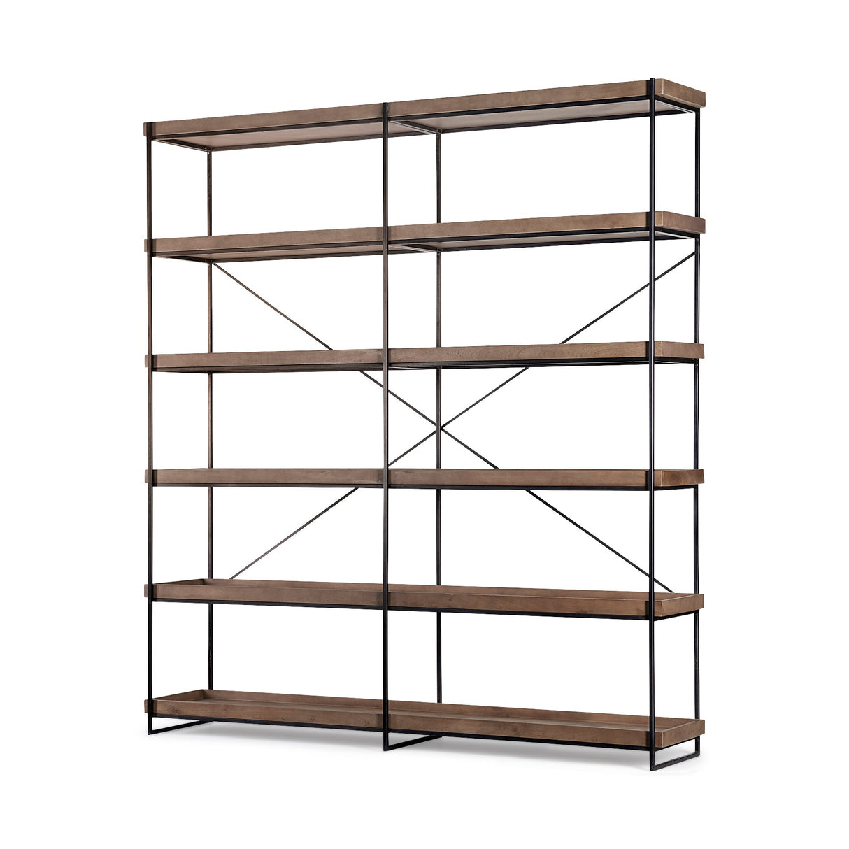 Trey IV Medium Brown Wood and Iron Five Tray Shelf Shelving Unit by Mercana at Eve Furniture