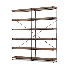 Trey IV Medium Brown Wood and Iron Five Tray Shelf Shelving Unit by Mercana at Eve Furniture