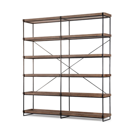Trey IV Medium Brown Wood and Iron Five Tray Shelf Shelving Unit by Mercana at Eve Furniture