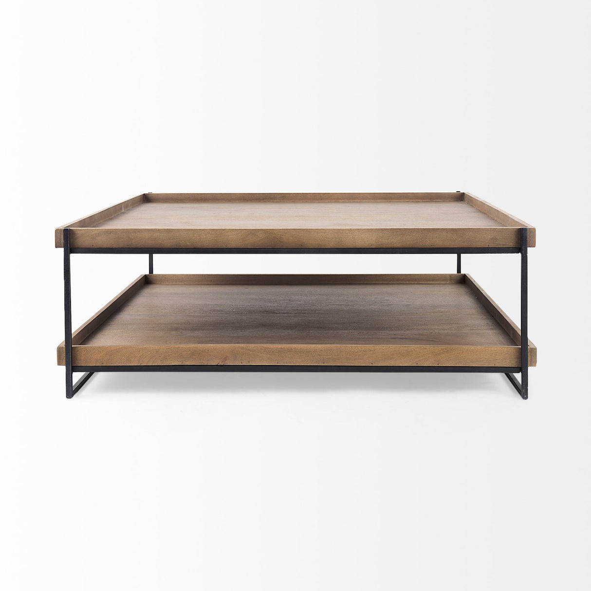 Trey Rectangular Brown Solid Wood Top Table Black Metal Frame Two-Tier Coffee Table by Mercana at Eve Furniture