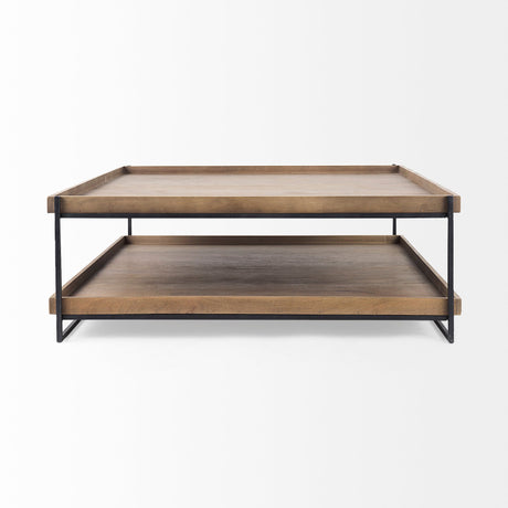 Trey Rectangular Brown Solid Wood Top Table Black Metal Frame Two-Tier Coffee Table by Mercana at Eve Furniture