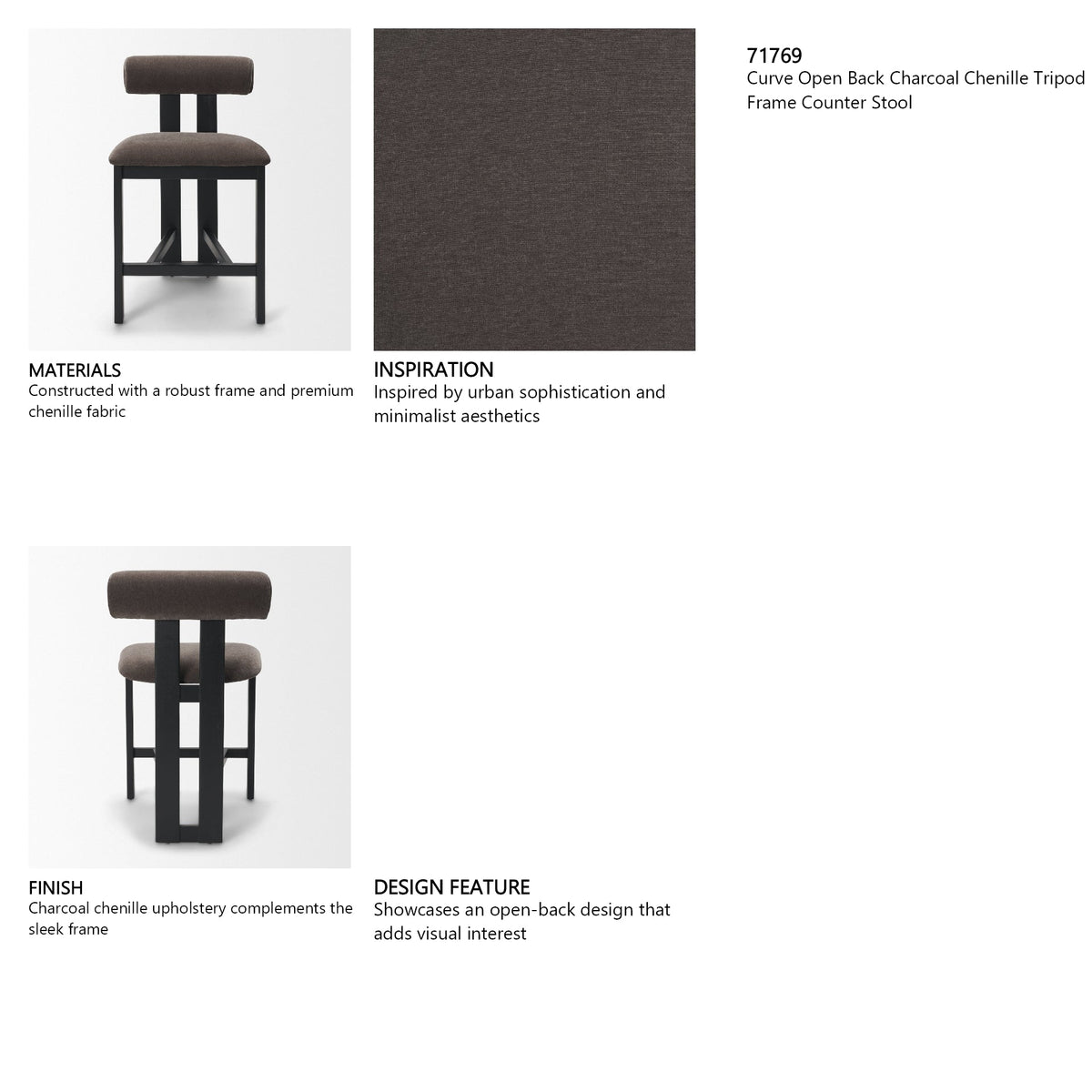 Tribeca Open Back 36.5in Seat Counter Stool | Charcoal Fabric w/ Wood by Mercana at Eve Furniture