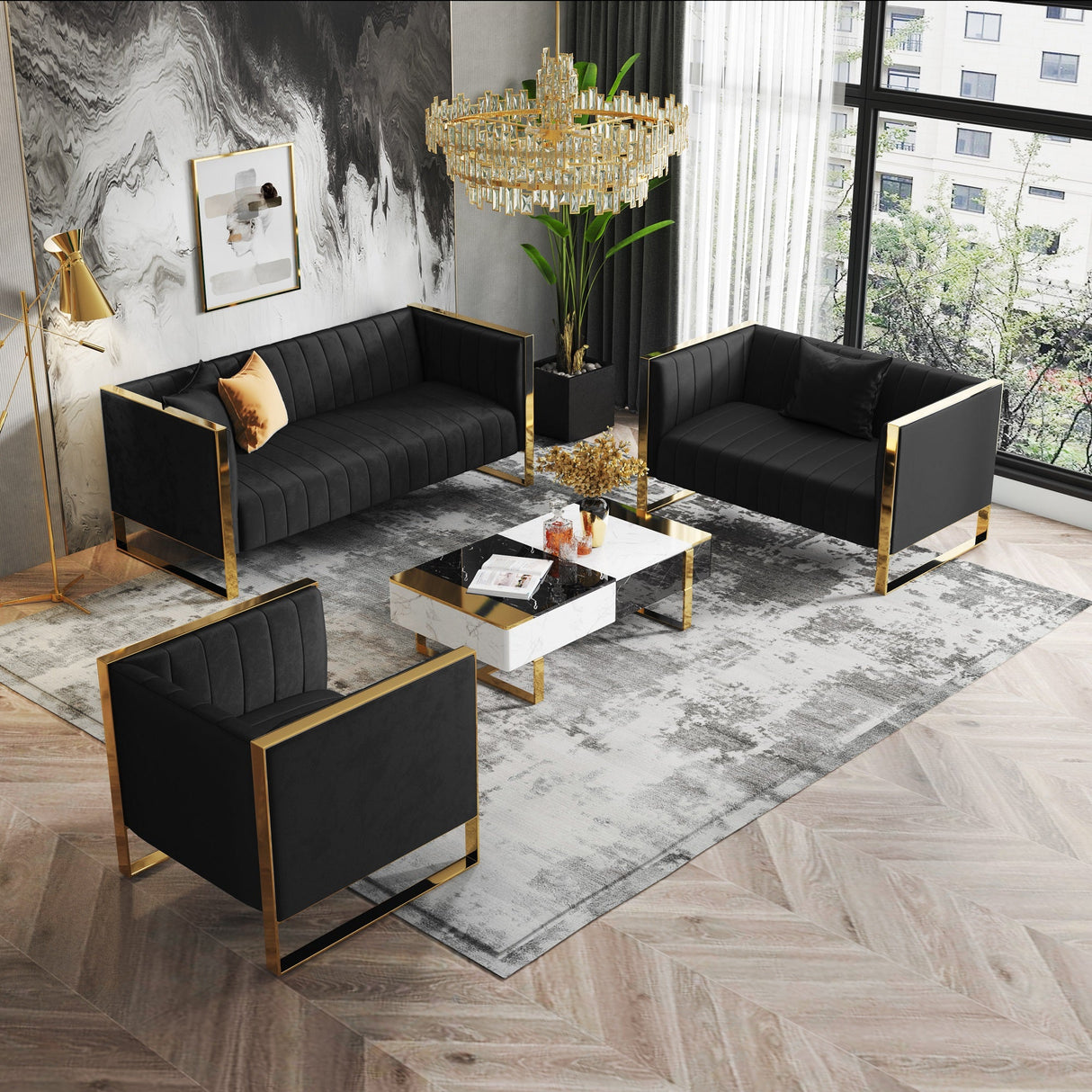 Trillium 3 Piece - Sofa, Loveseat and Armchair Set in Black and Gold by Manhattan Comfort at Eve Furniture